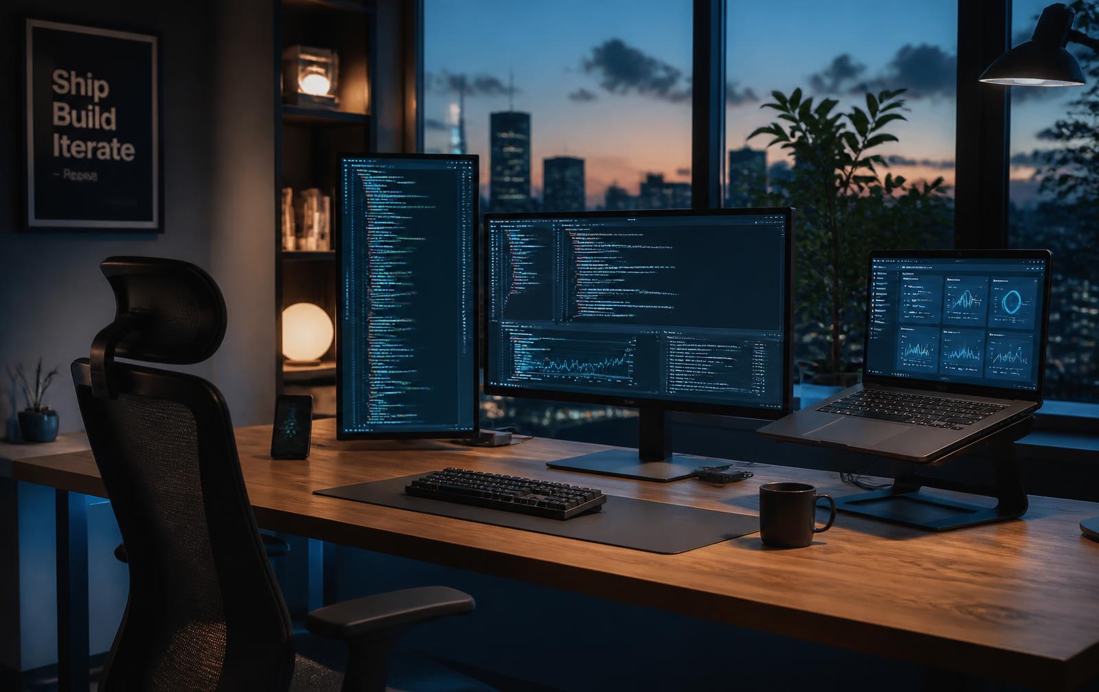 Software engineering workstation with code editors and analytics dashboards on multiple screens