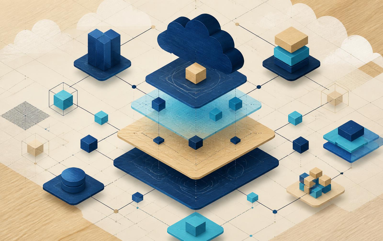 Layered illustration of cloud infrastructure, application services and connected data stores
