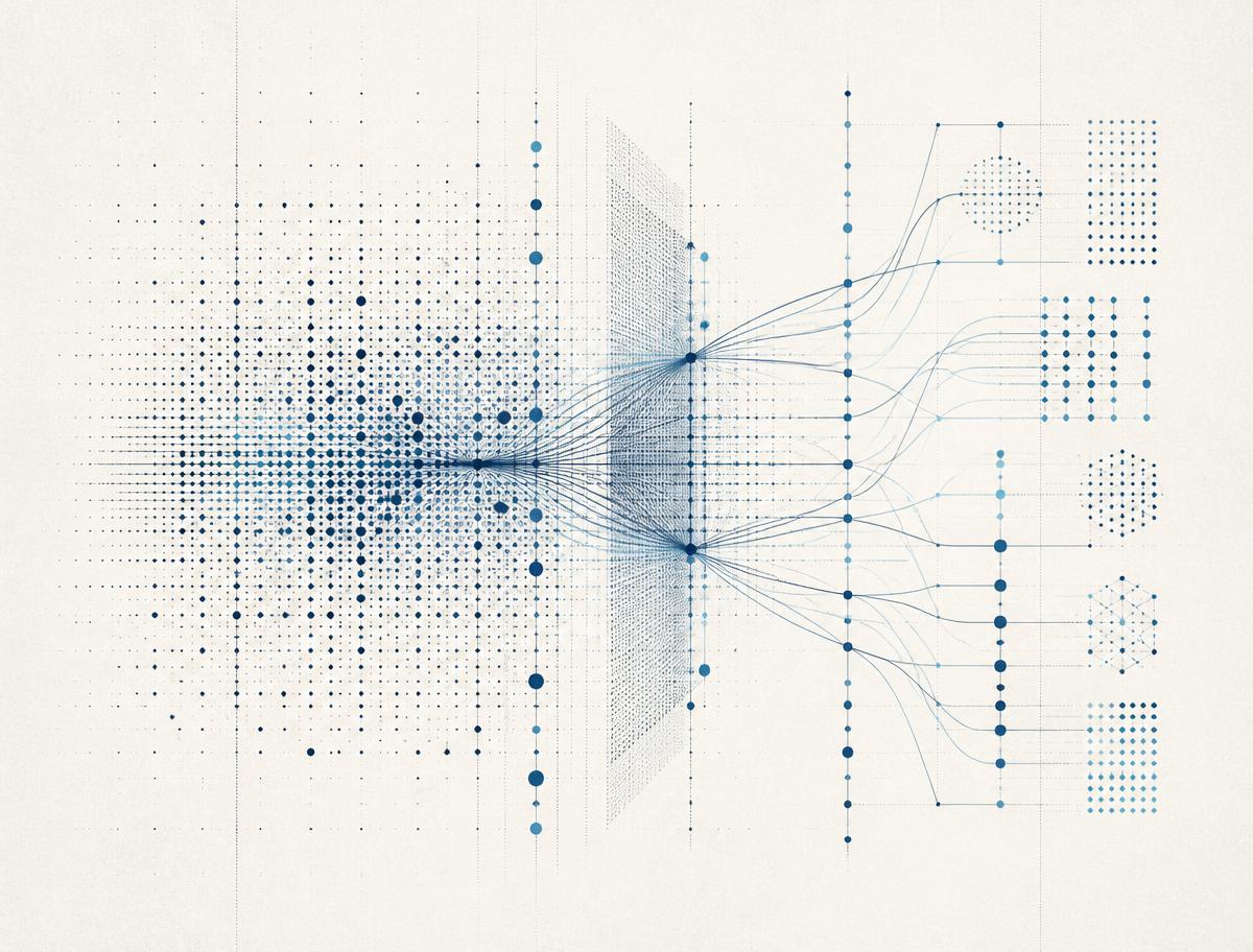 Abstract diagram of structured data flowing through processing and query layers